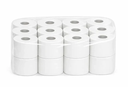 Papier toaletowy biały makulaturowy 66m, dwie warstwy - 24 rolki w opakowaniu.