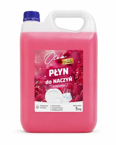 Olek Premium Malinowy 5 kg – skoncentrowany płyn do ręcznego mycia naczyń do zastosowań domowych i gastronomicznych.