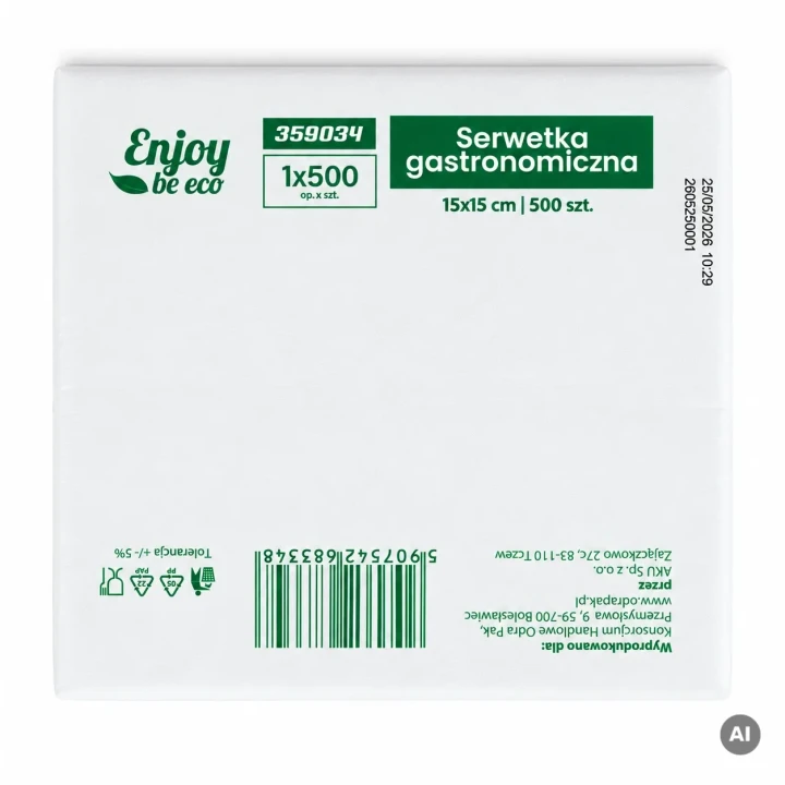 Serwetki gastronomiczne Enjoy be eco 15x15 cm 500 sztuk – informacje na opakowaniu