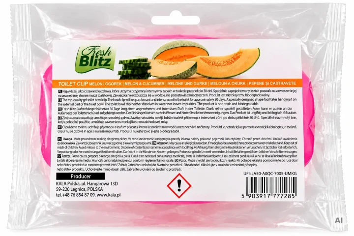 Fresh Blitz Toilet Clip Melon z Ogórkiem - etykieta i informacje producenta.
